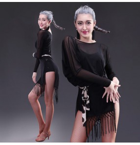Black see though mesh fabric long fringes dress  with leotard under tops  long sleeves women's ladies female competition performance latin  salsa dance outfits dresses with sashes